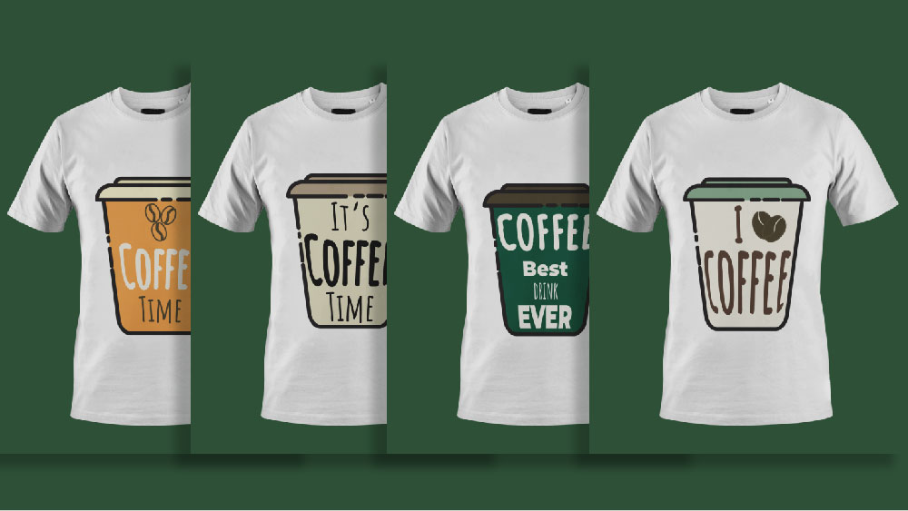 Three t - shirts with coffee cups on them.