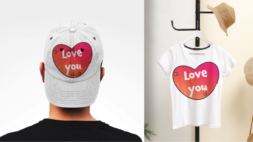 Man wearing a hat next to a t - shirt with a heart on it.