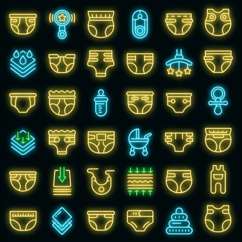 Diaper icons set vector neon cover image.