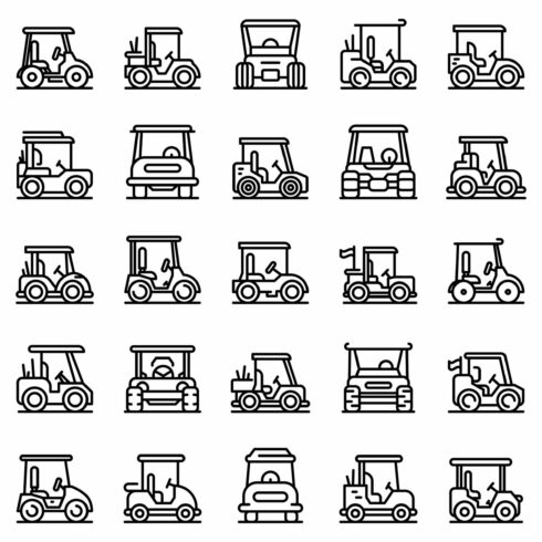Golf cart icons set, outline style cover image.