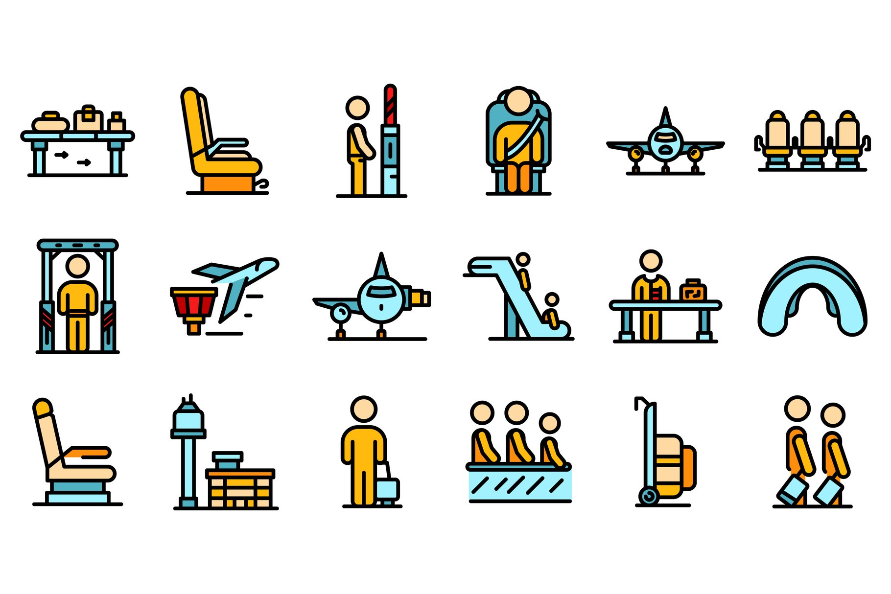 Airline passengers icons set vector cover image.