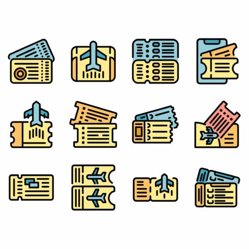 Airline tickets icons set vector cover image.