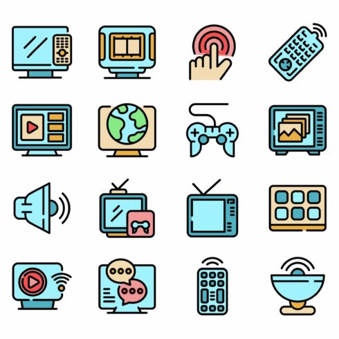 Interactive tv icons set vector flat cover image.