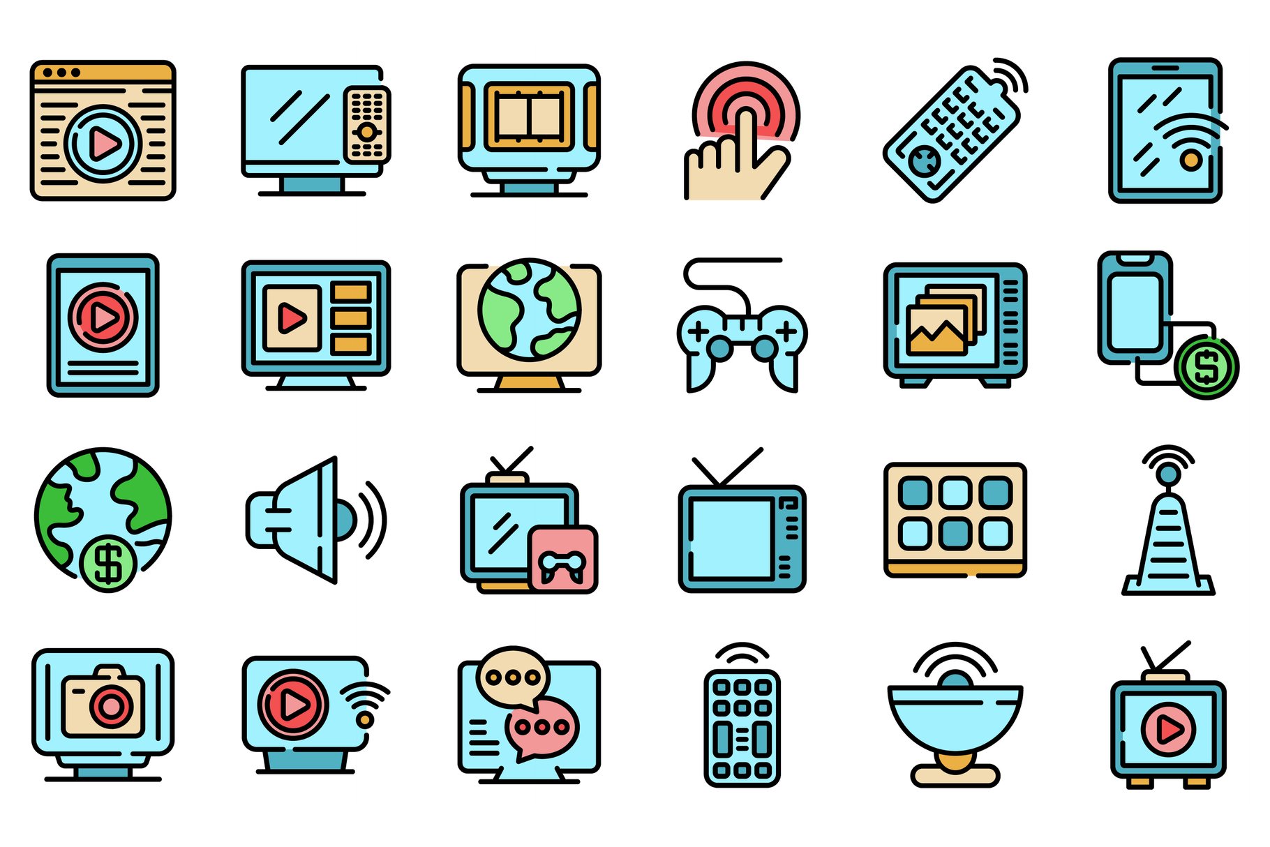 Interactive tv icons set vector flat cover image.