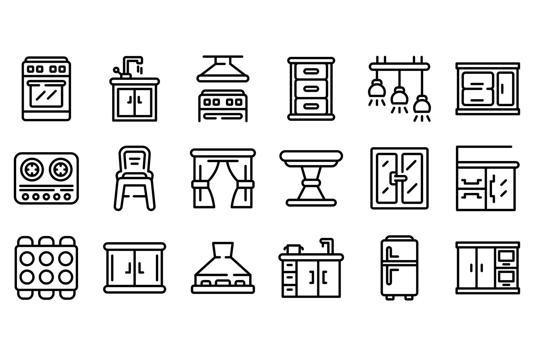Kitchen furniture icons set, outline cover image.