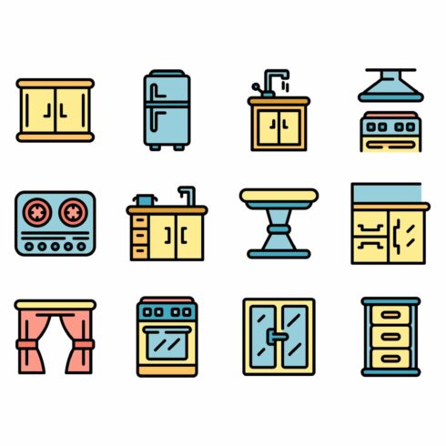 Kitchen furniture icons set vector cover image.