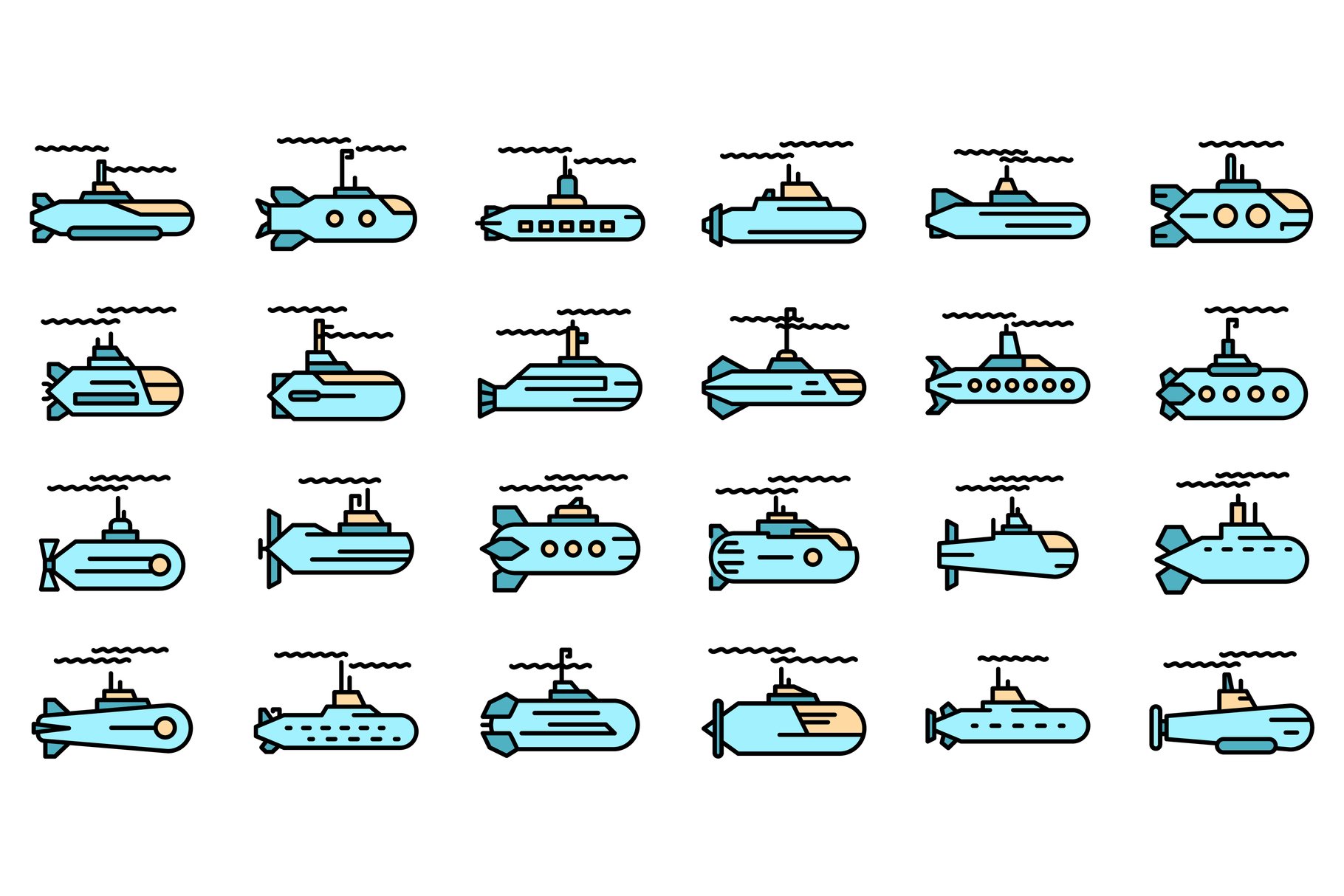 Submarine icons set vector flat cover image.