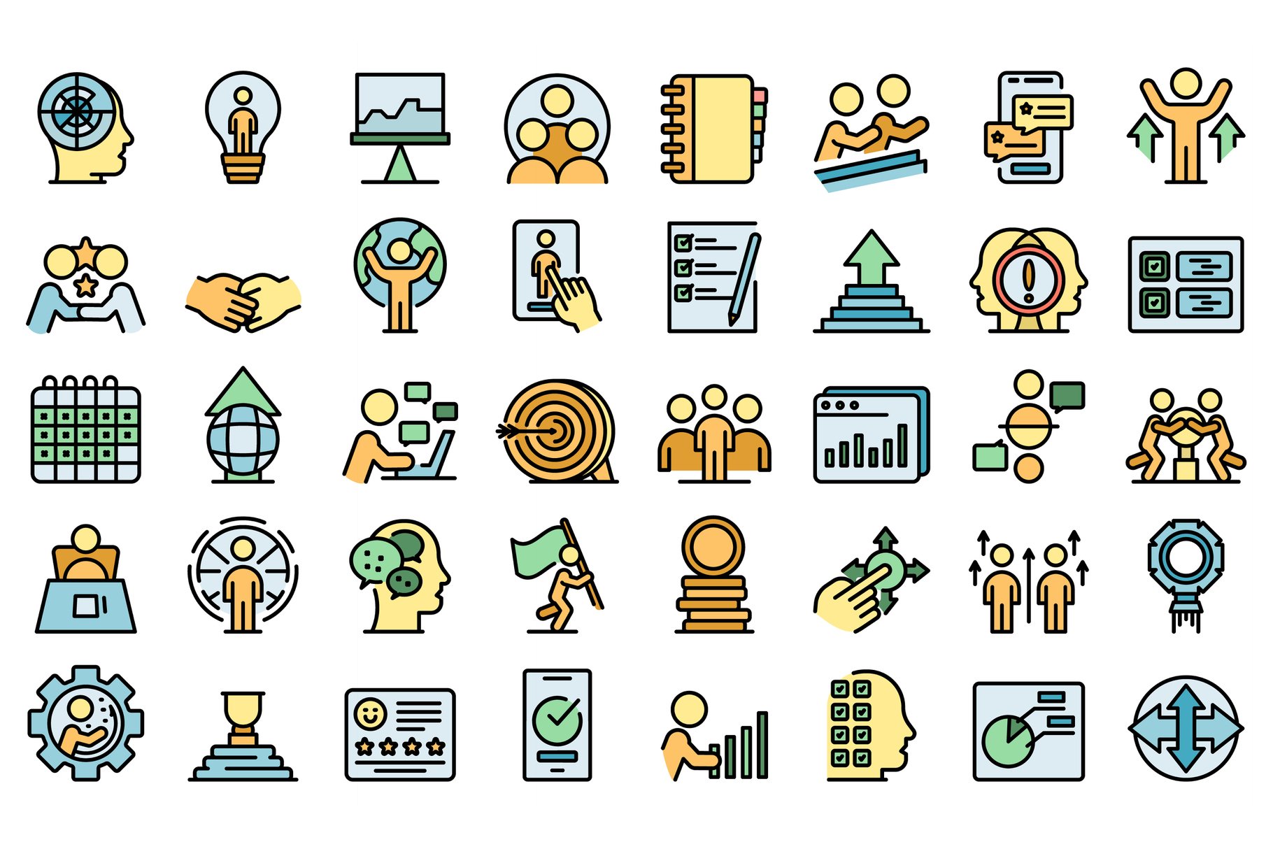 Human resources icons set line color cover image.