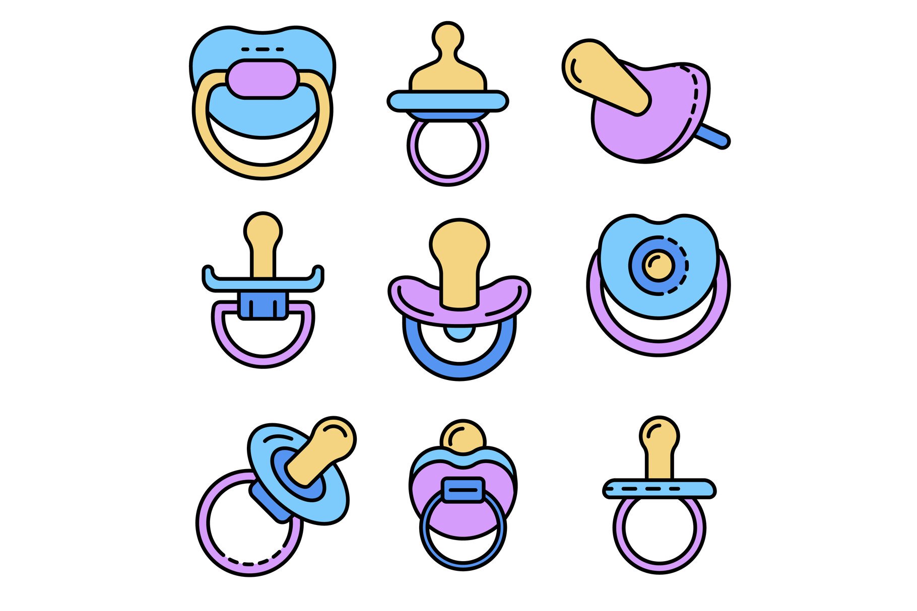 Pacifier icons set line color vector cover image.
