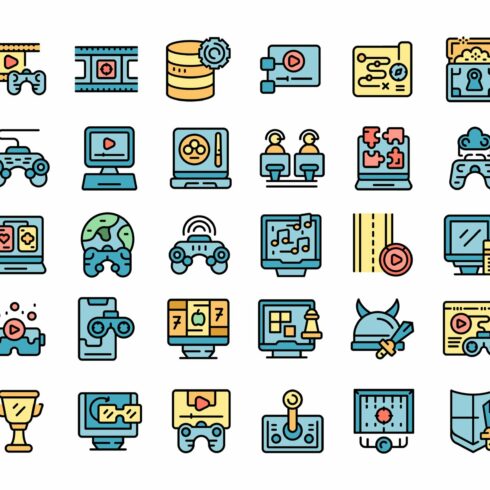 Gameplay icons set vector flat cover image.