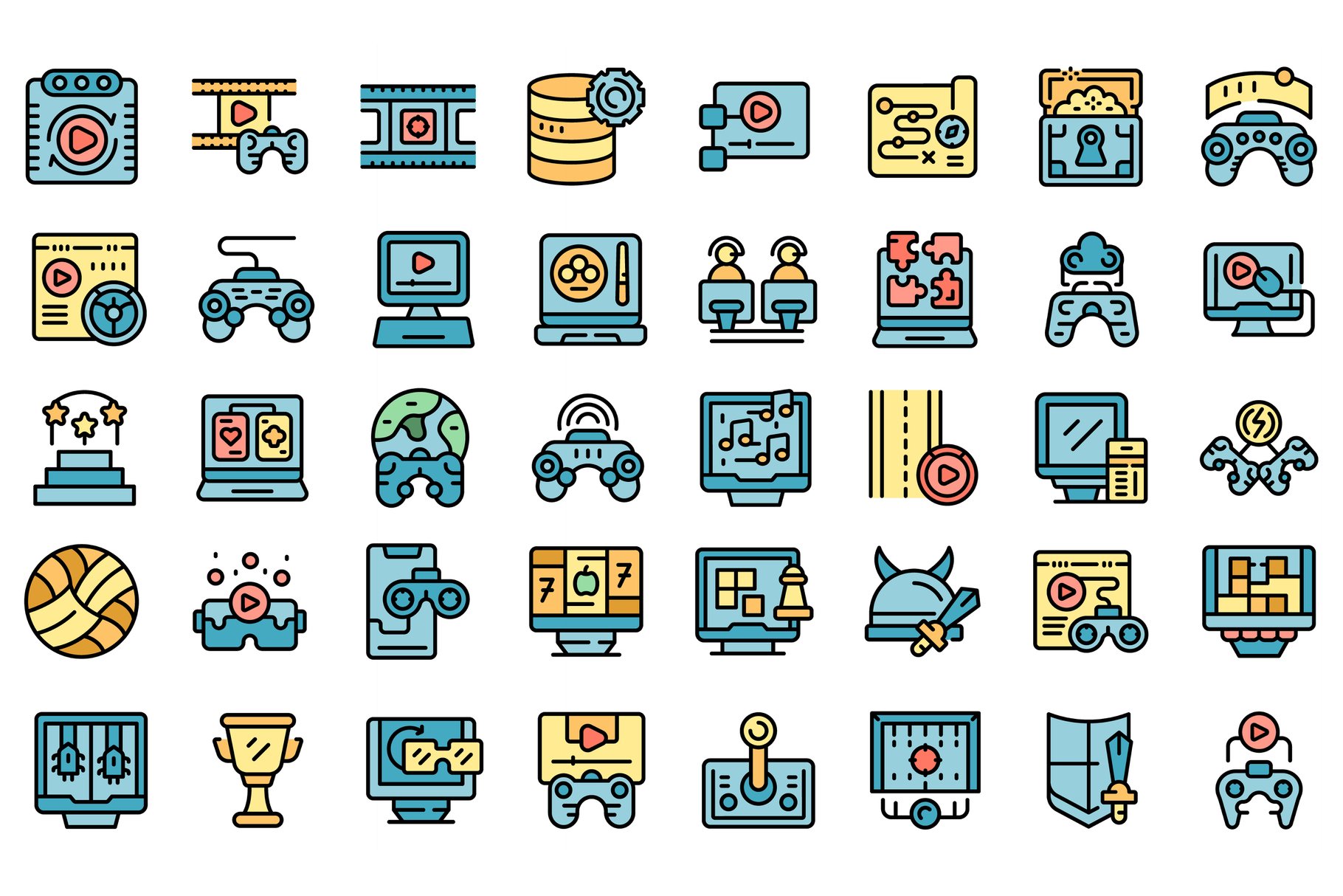 Gameplay icons set vector flat cover image.