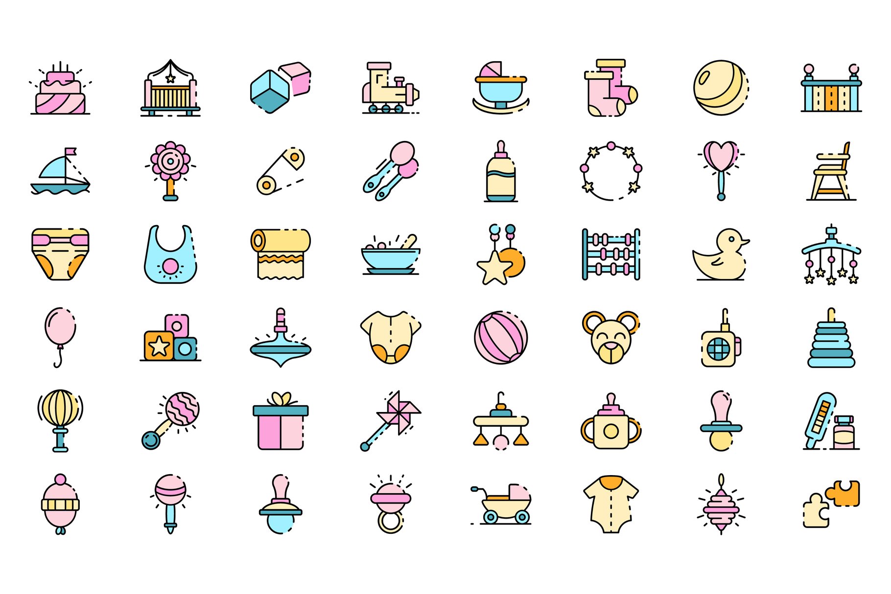 Baby items icons set line color cover image.