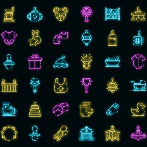 Baby items icons set vector neon cover image.