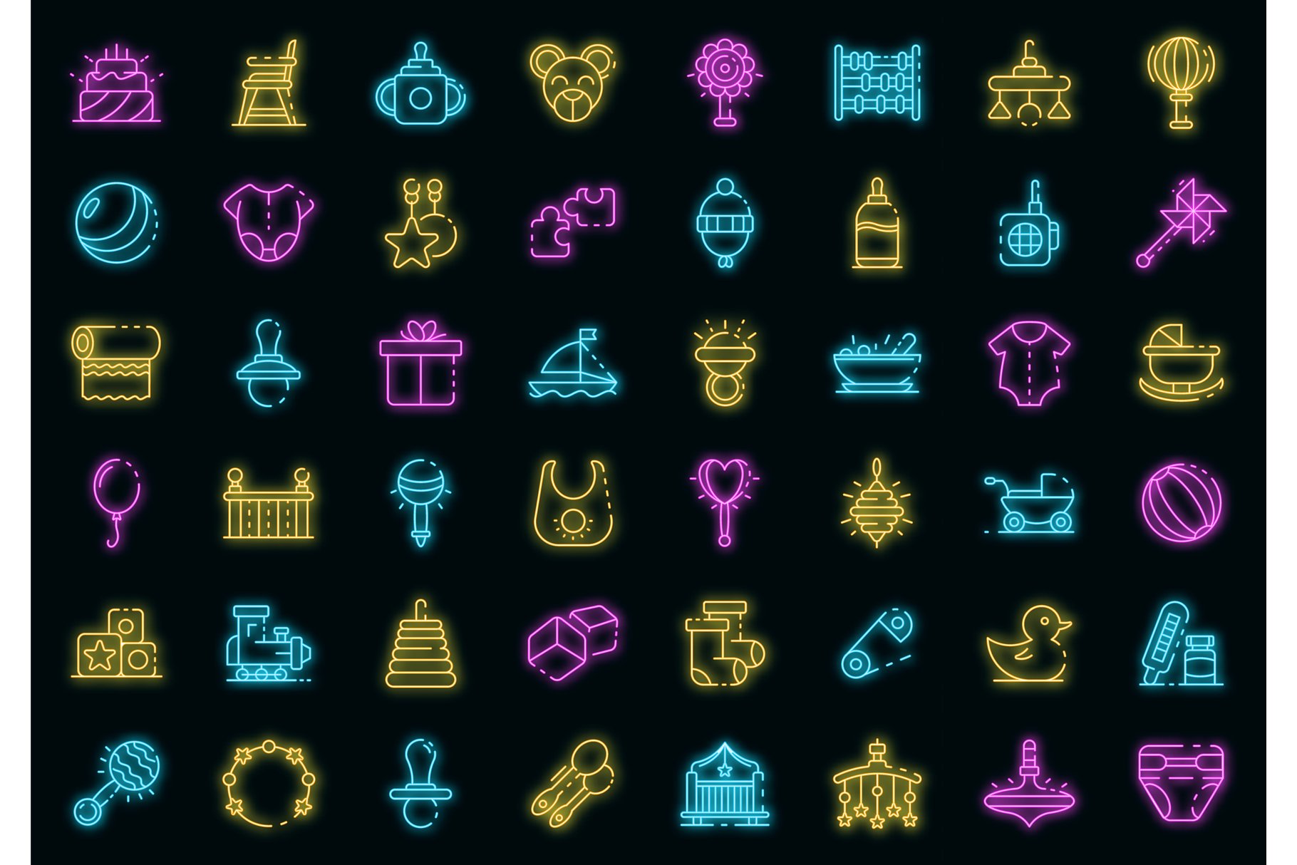 Baby items icons set vector neon cover image.