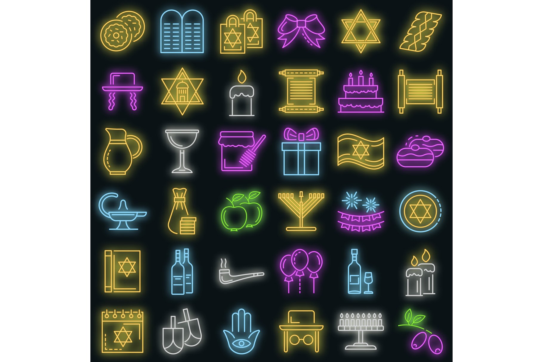 Hanukkah icon set vector neon cover image.