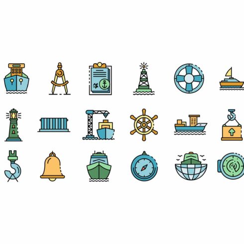 Marine port icons set vector flat cover image.