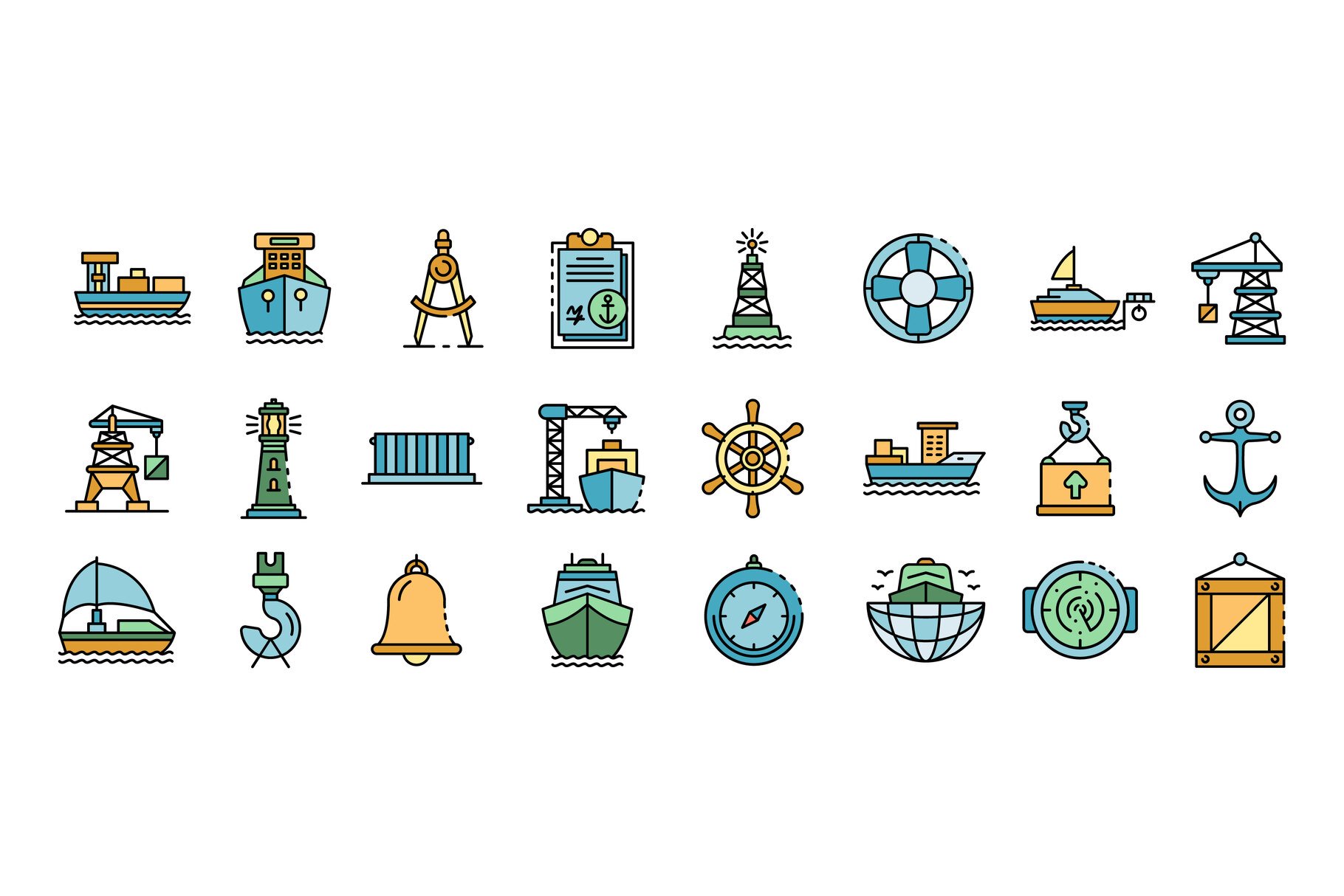 Marine port icons set vector flat cover image.