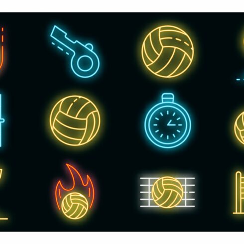 Volleyball icons set vector neon cover image.