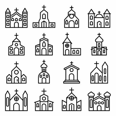 Church icons set, outline style cover image.