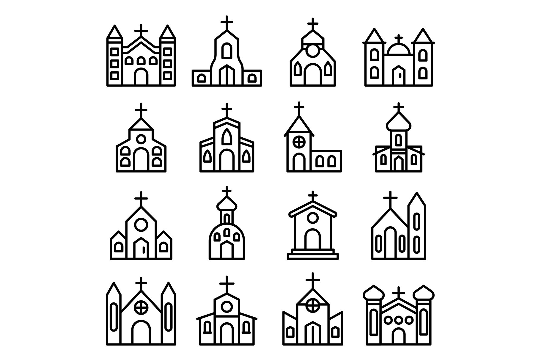 Church icons set, outline style cover image.