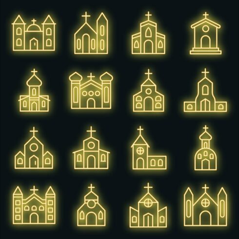 Church icons set vector neon cover image.