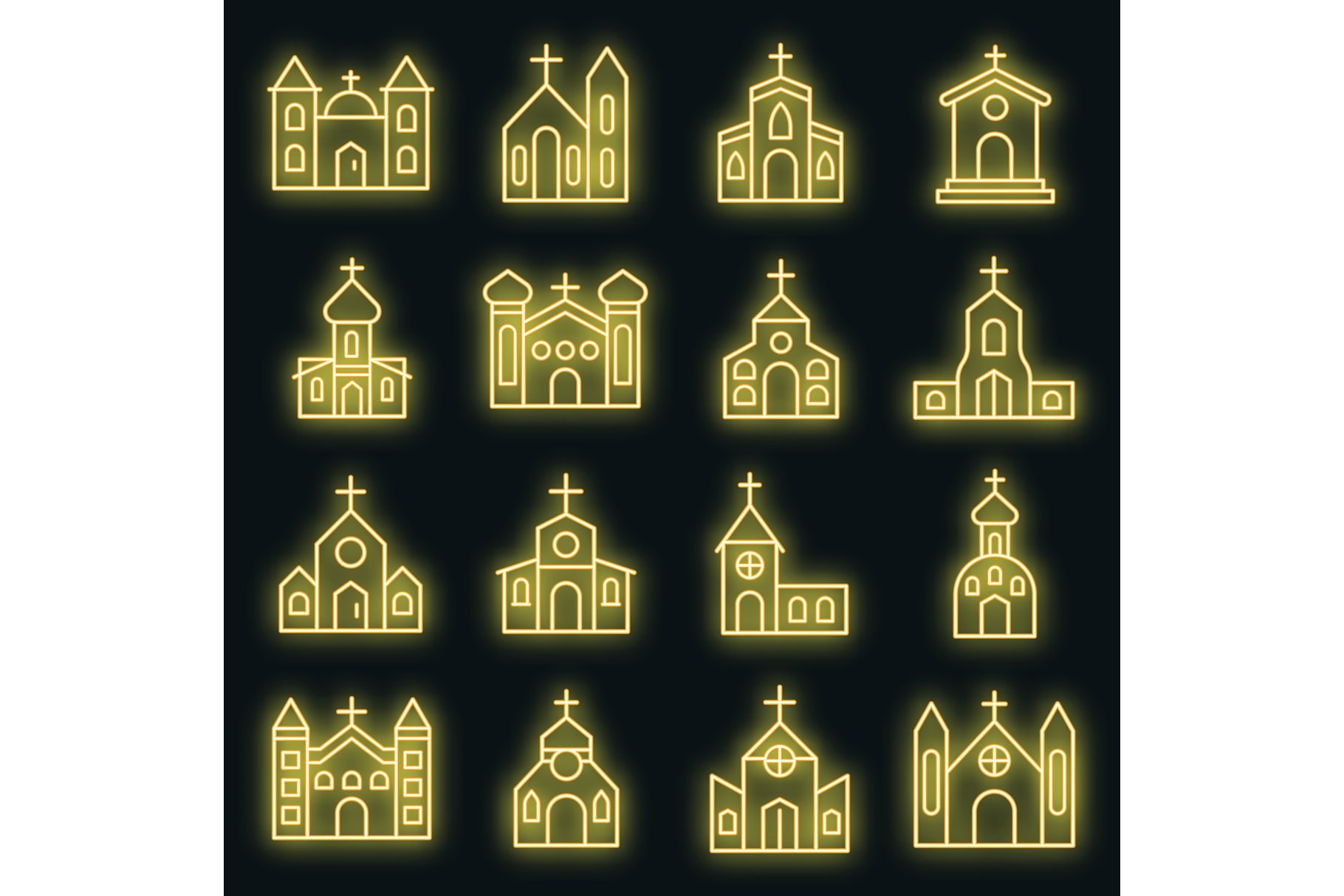Church icons set vector neon cover image.