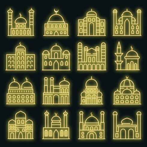 Mosque icons set vector neon cover image.