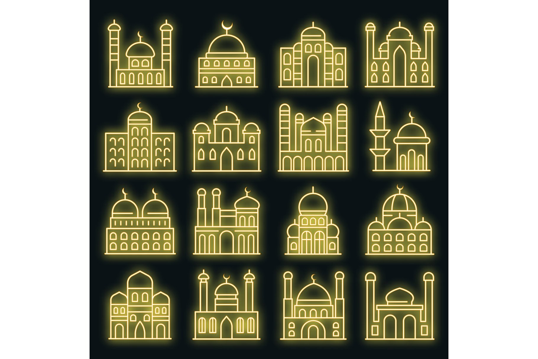 Mosque icons set vector neon cover image.