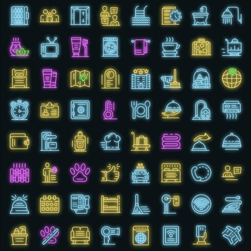 Room service icons set vector neon cover image.