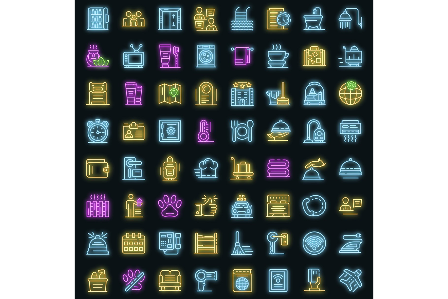 Room service icons set vector neon cover image.