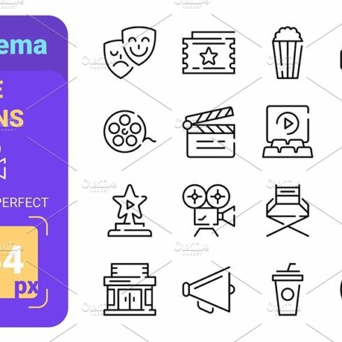 Theater and cinema line icons set cover image.