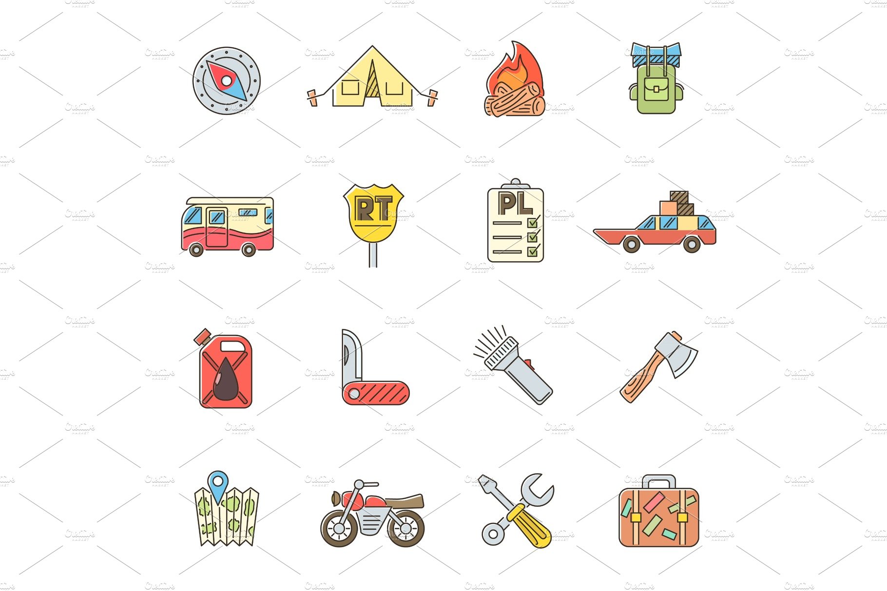 Travel icons set, flat outline style cover image.
