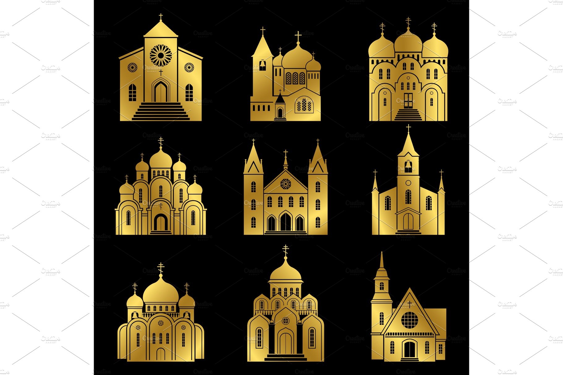 Gold christian church icons on black cover image.