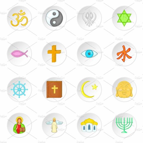 Religion symbols icons set, cartoon cover image.
