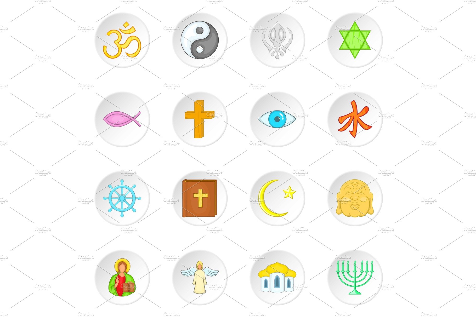 Religion symbols icons set, cartoon cover image.