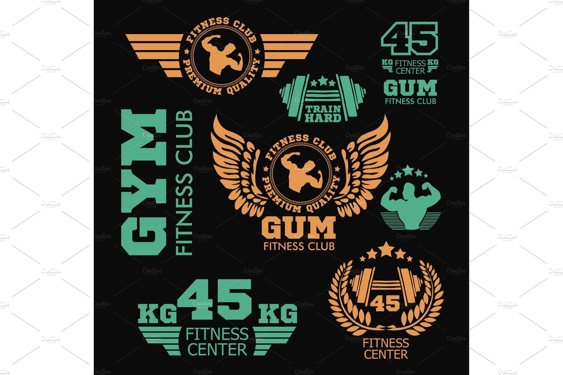 Set bodybuilding badges, stickers isolated on black. cover image.