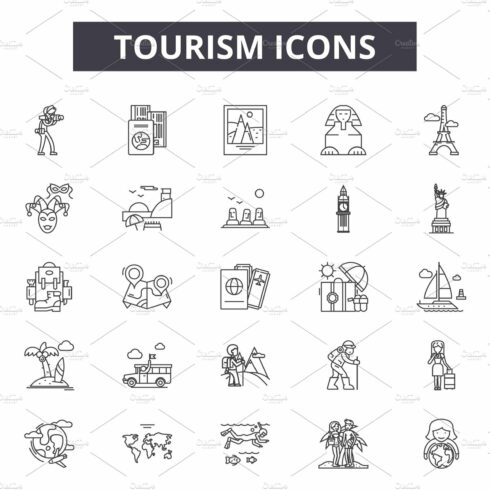 Tourism line icons, signs set cover image.