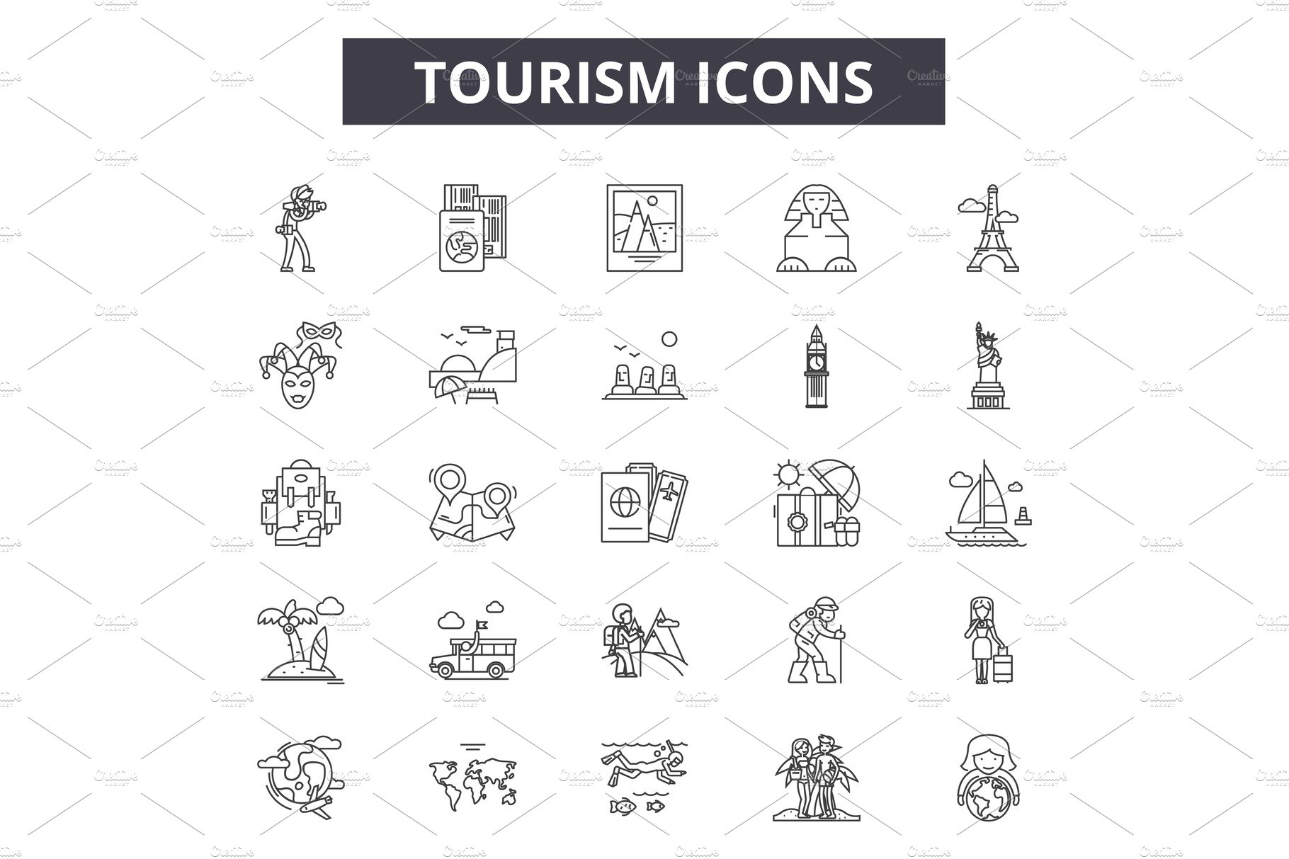 Tourism line icons, signs set cover image.