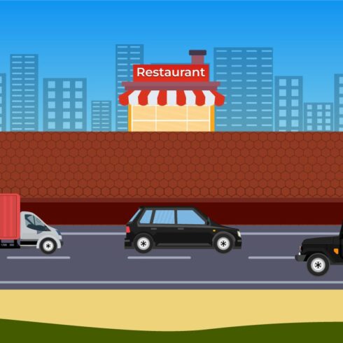 Vehicle moving on urban road vector cover image.