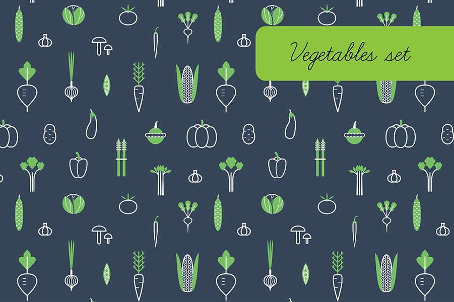 Vegetables. Icons, patterns. cover image.
