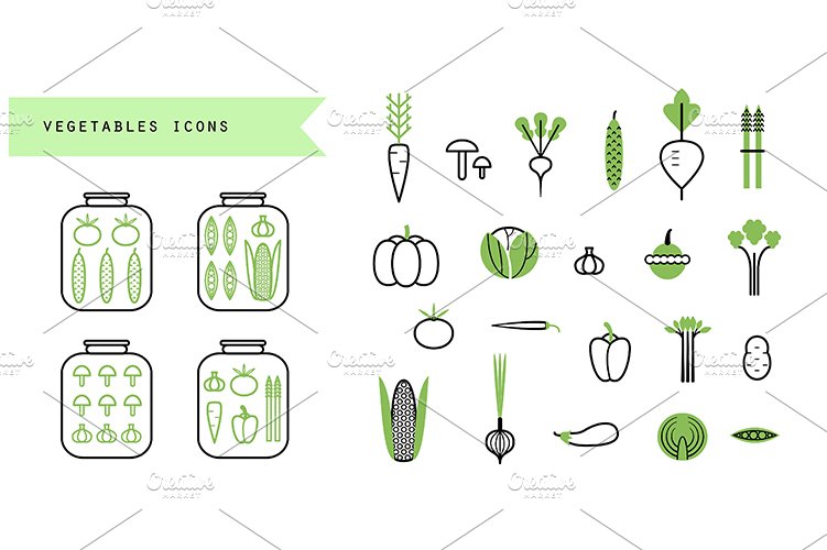 Vegetables. Icons, patterns. preview image.