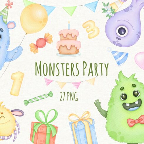 Watercolor Monsters Birthday Clipart cover image.