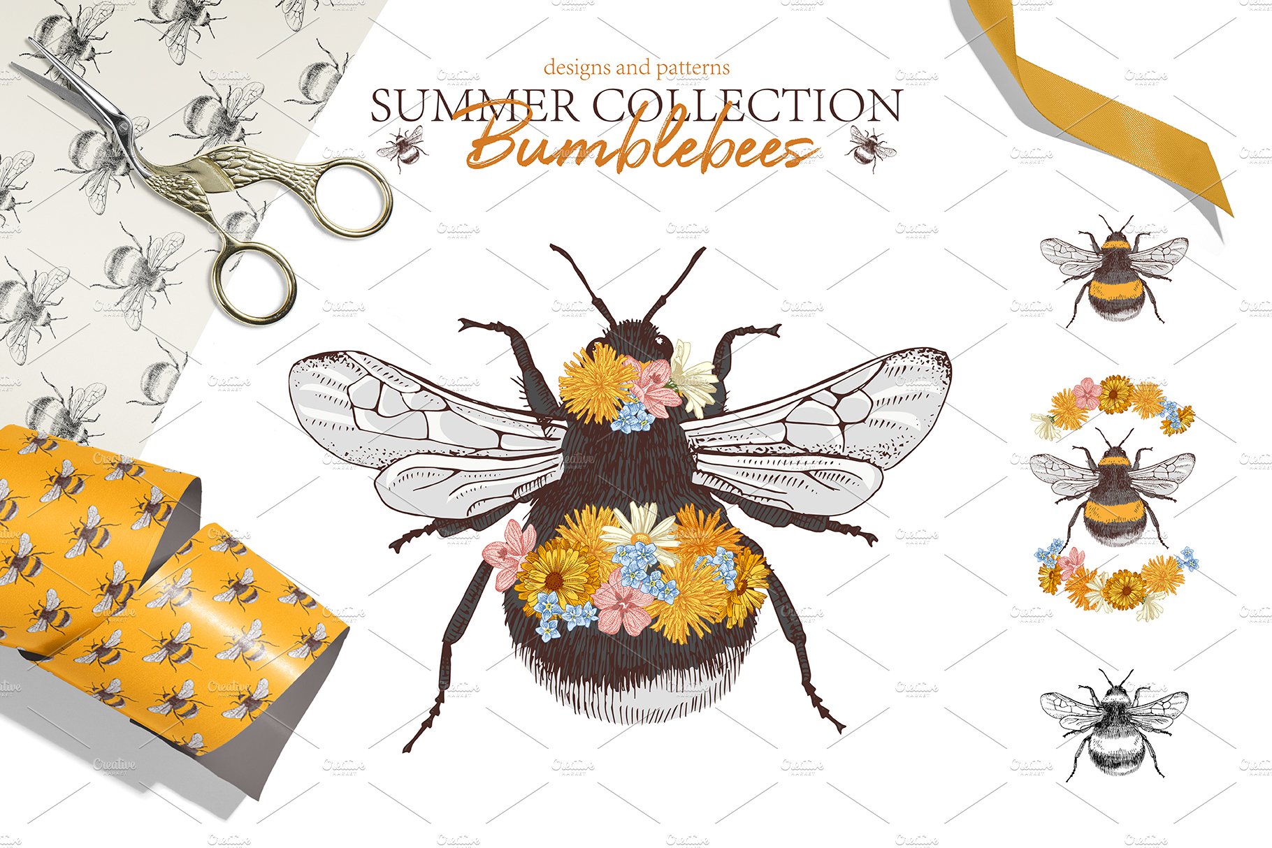 Designs and patterns with bumblebees cover image.