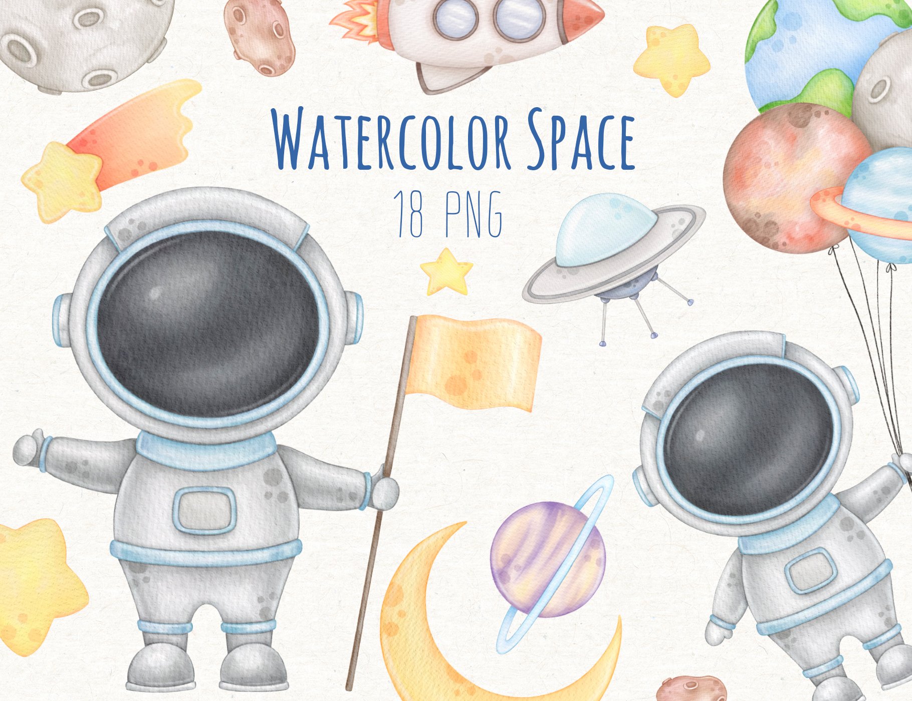 Astronaut & Space Watercolor Clipart cover image.