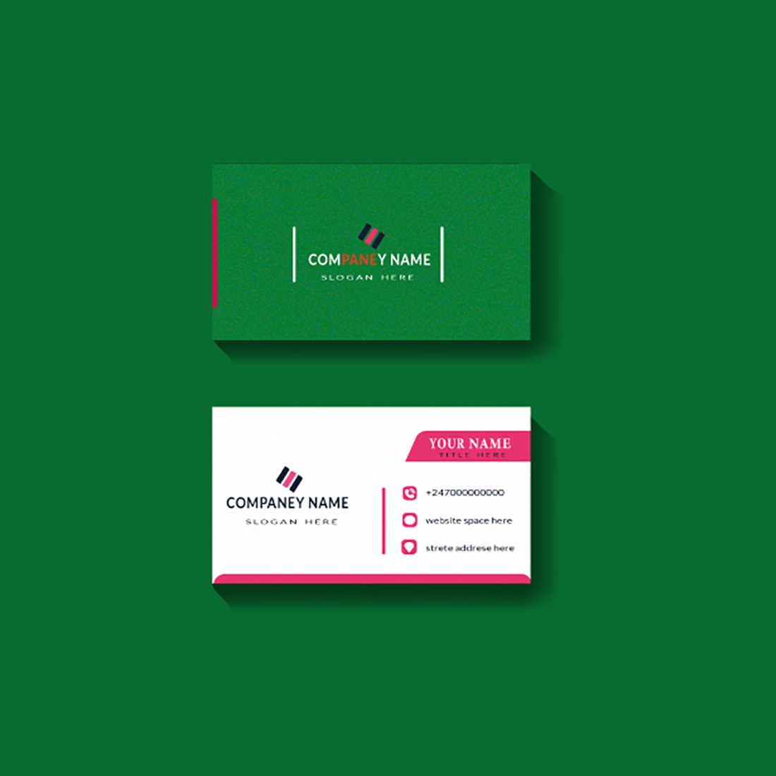 Green business card with a red stripe.