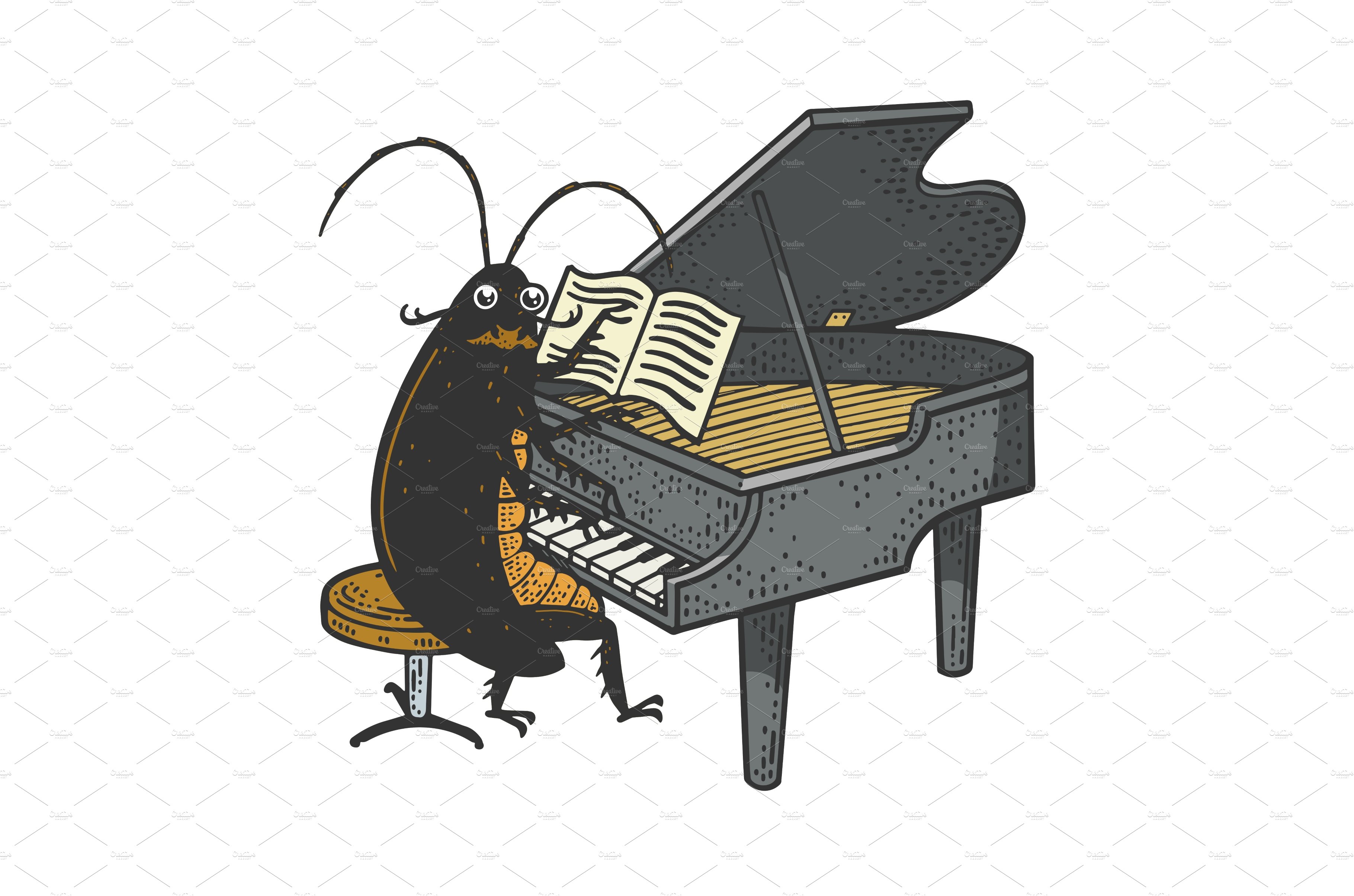 Cockroach grand piano sketch vector cover image.
