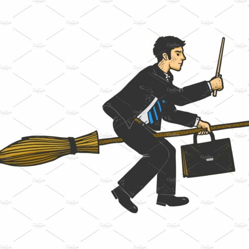 businessman on broom color sketch cover image.