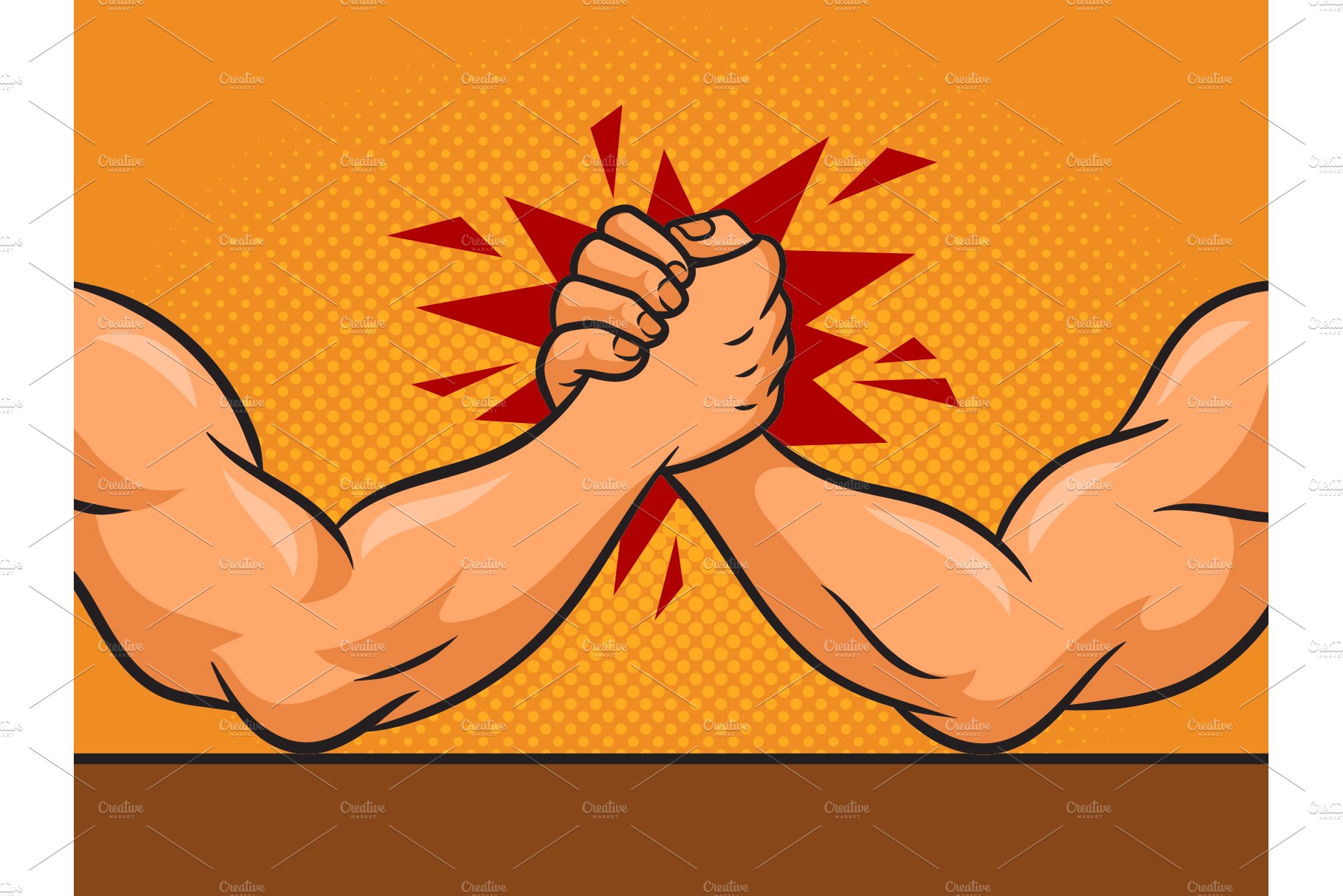Arm wrestler hands pop art vector cover image.