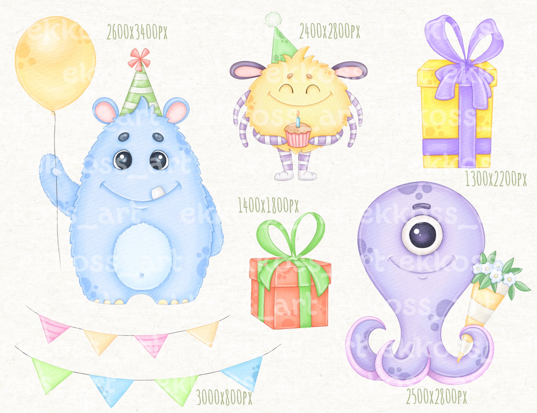 Watercolor Monsters Birthday Clipart preview image.