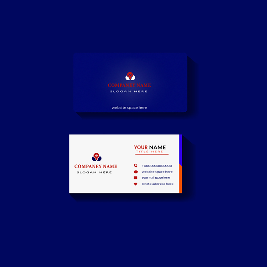 Business card on a blue background.